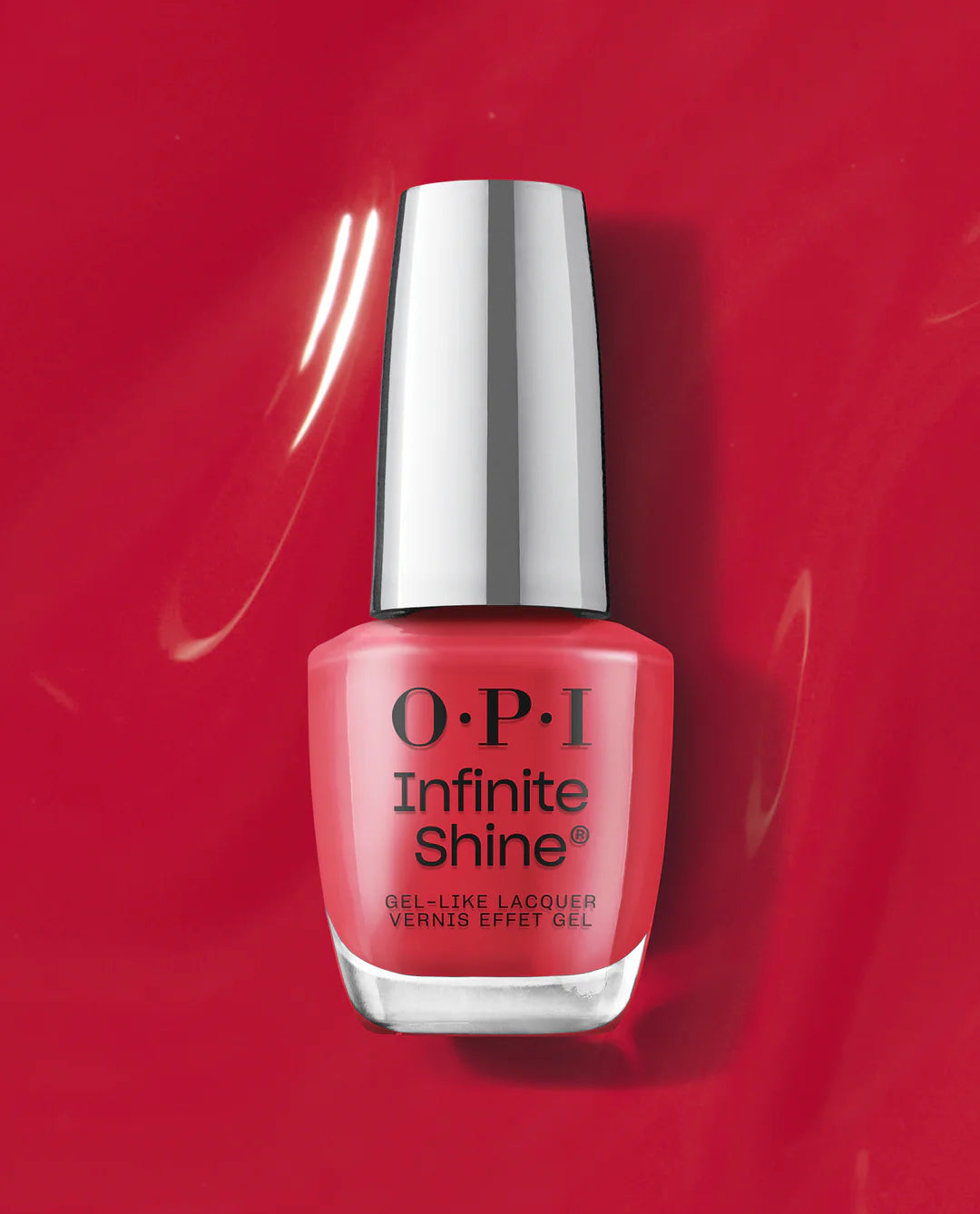 OPI Infinite Shine Dutch Tulips nail polish in vibrant tulip red, long-lasting gel formula, smooth application on nails.