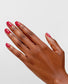 OPI Infinite Shine Dutch Tulips nail polish in a vibrant tulip red shade, shown on neatly manicured nails.