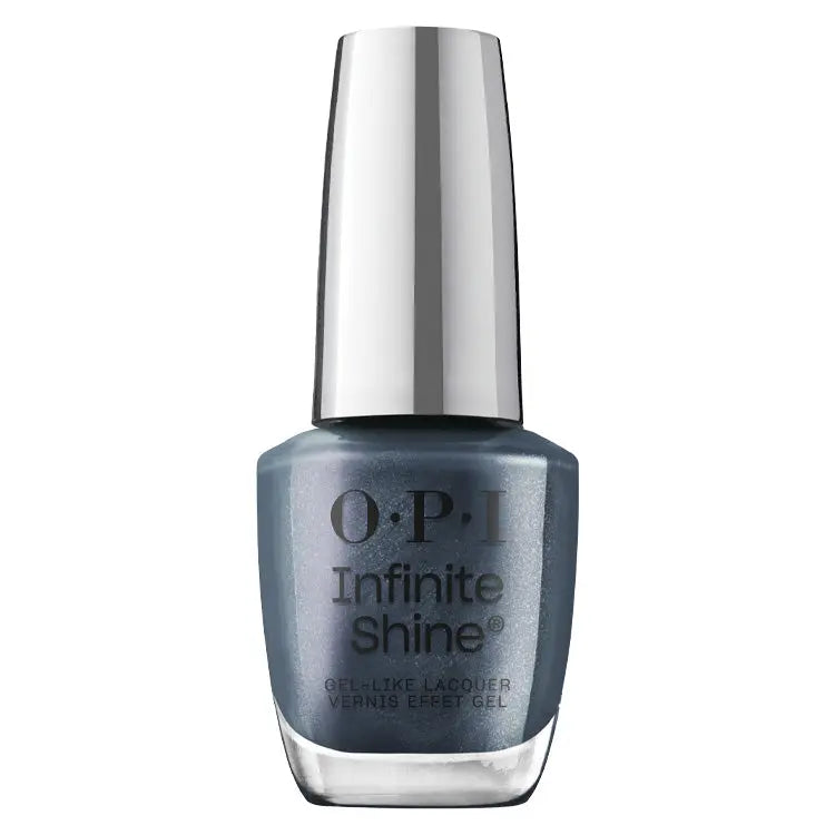 OPI Infinite Shine Funmetal metallic nail polish in 0.5 oz bottle from the Mega Mix Collection, showcasing a shiny, reflective finish.