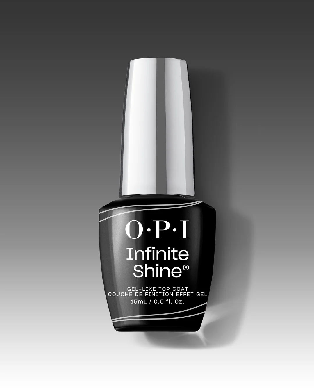 OPI Infinite Shine Gloss Top Coat on a nail, showing a shiny, smooth finish for long-lasting nail polish protection.
