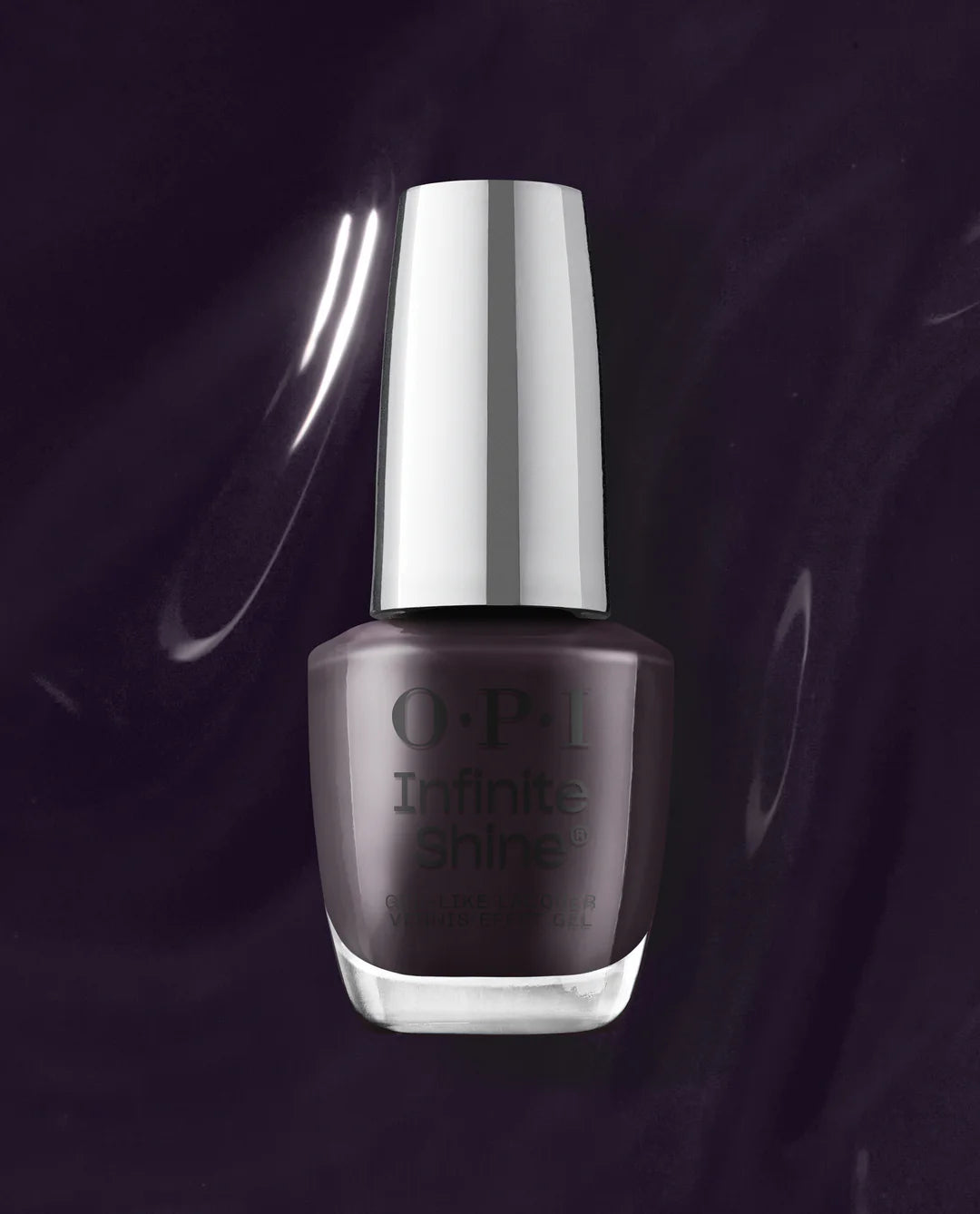 OPI Infinite Shine Lincoln Park After Dark nail polish bottle showcasing deep, dark purple color with shiny finish.