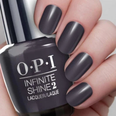 OPI Infinite Shine nail polish in Strong Coal-ition IS L26 with dark charcoal color and glossy finish.