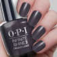 OPI Infinite Shine nail polish in Strong Coal-ition IS L26 with dark charcoal color and glossy finish.