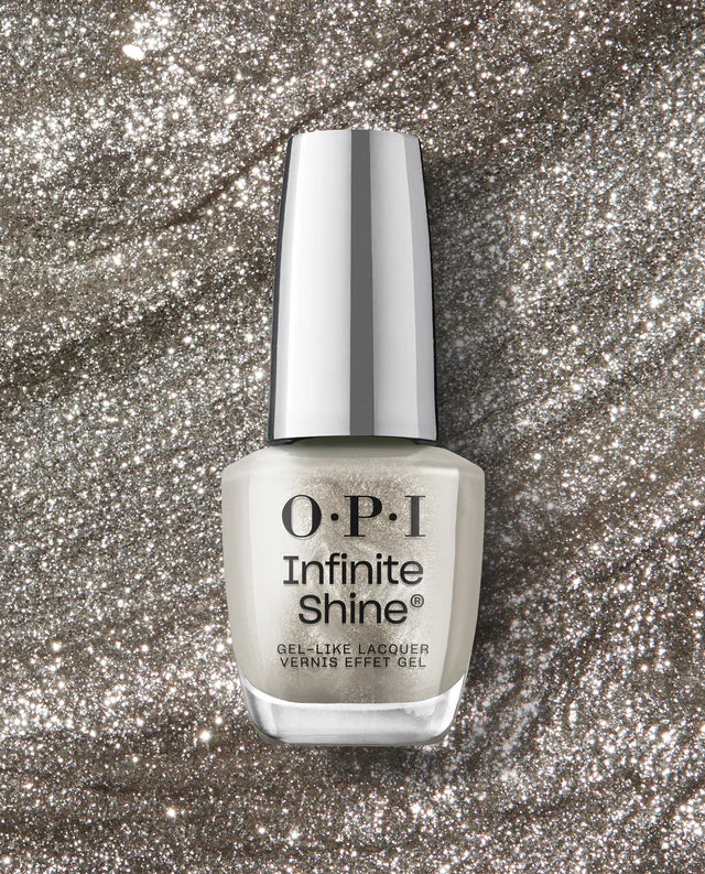 OPI Infinite Shine Work From Chrome ISL107 nail polish bottle with shiny chrome finish and black cap, close-up image.