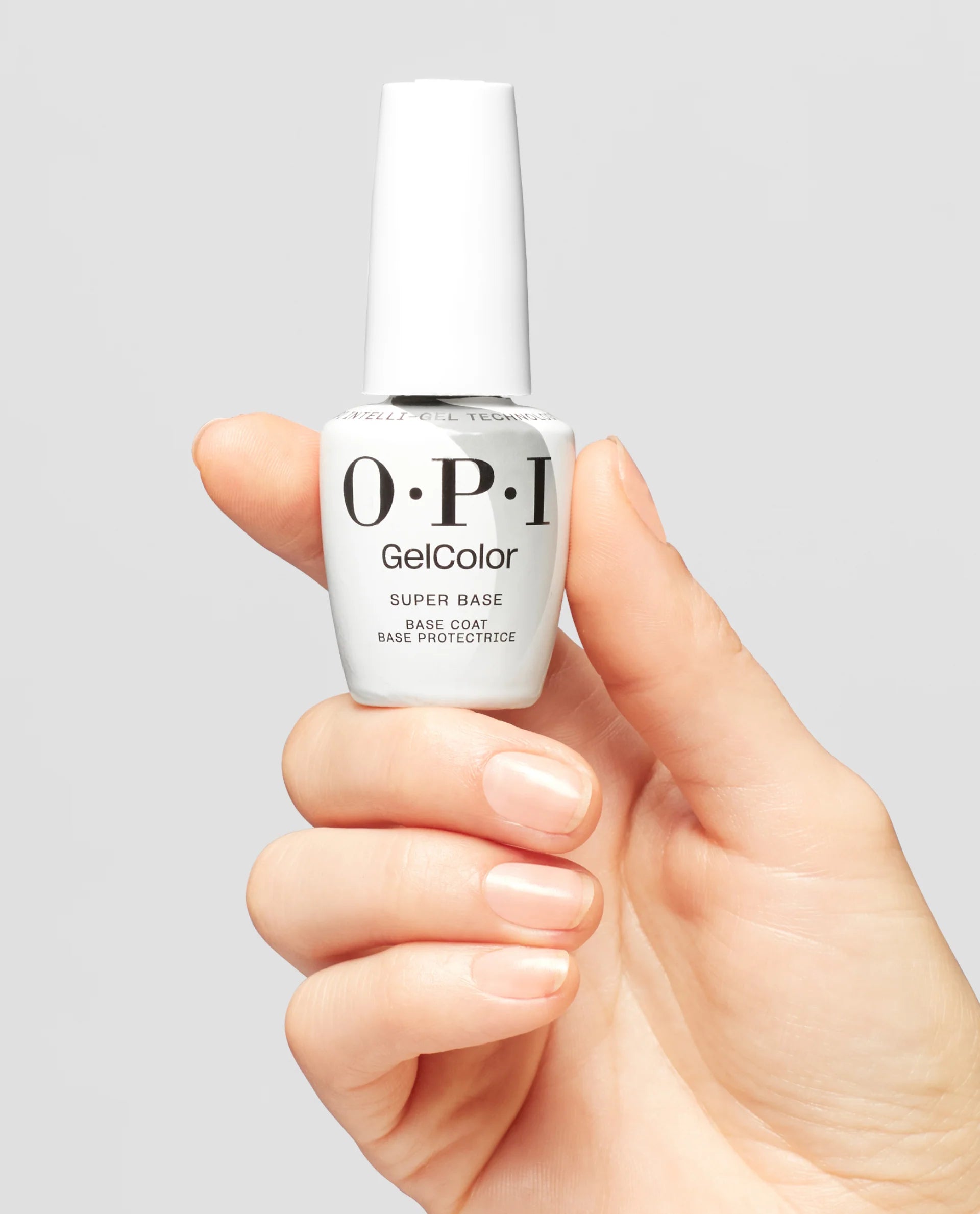 OPI Intelli-Gel Super Base & Super Gloss Top Coat Duo Pack with gel nail polish bottles and a hand displaying manicured nails.