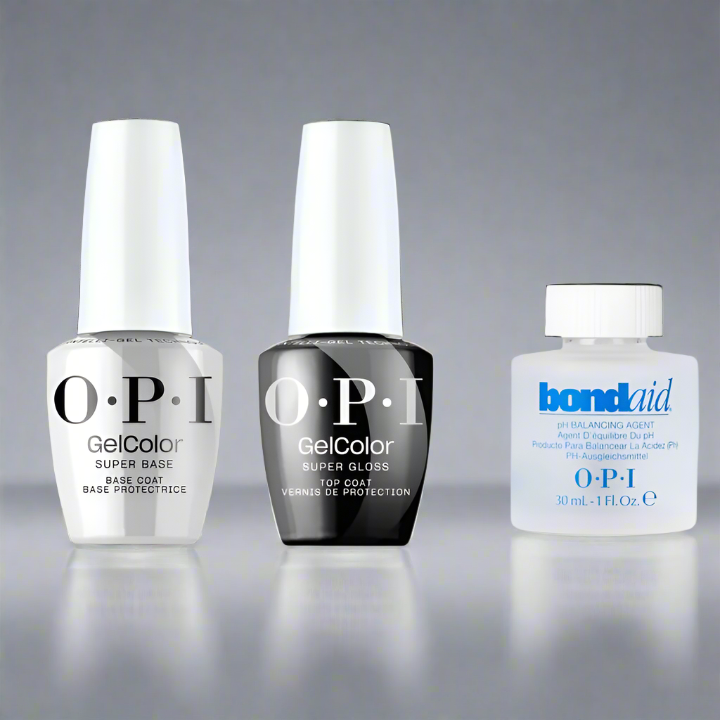 OPI Intelli-Gel Super Base and Gloss Top Coat with Bondaid pH Balancing for gel nail polish application, shown in the image.