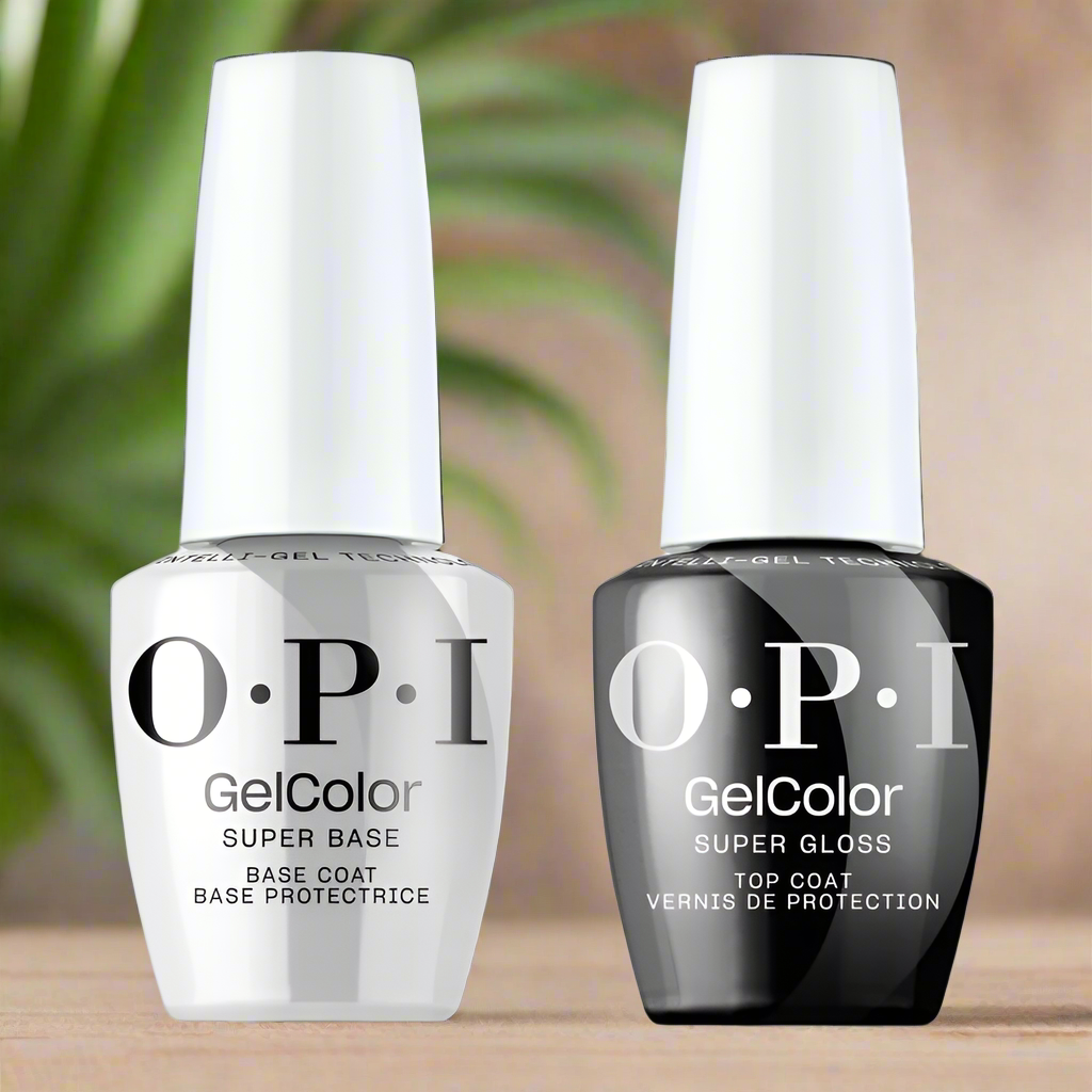 OPI Intelli-Gel Super Base and Super Gloss Top Coat duo pack for gel nail polish, showing the bottles with labels and applicator brushes.