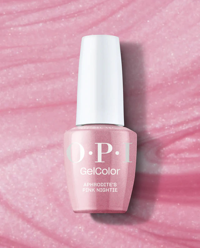 Opi Intelli GelColor Aphrodite's Pink Nightie gel nail polish bottle with pink shade and brand logo, close-up view.