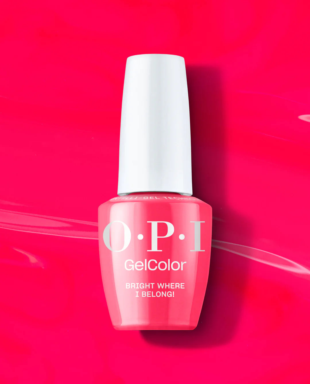 OPI Intelli GelColor bright where I belong! gel nail polish bottle with vibrant pink color and branded label.