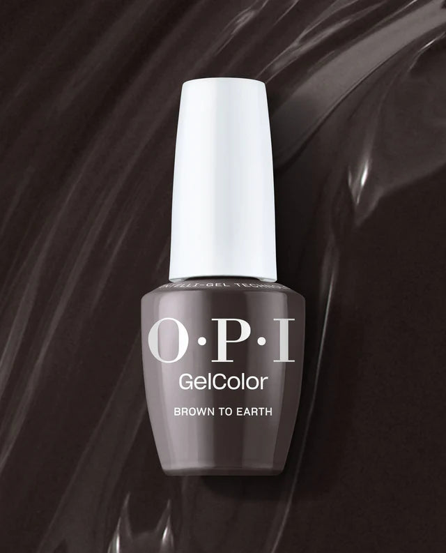 OPI Intelli GelColor gel nail polish in Brown To Earth GCF004 showing a smooth, rich brown gel finish on nails.