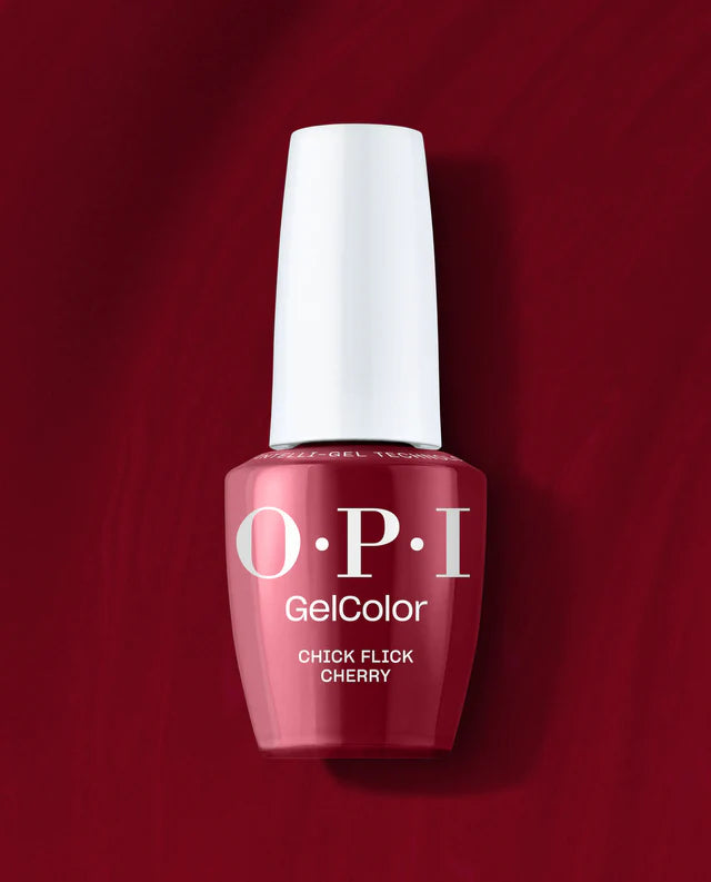 OPI Intelli GelColor Chick Flick Cherry gel nail polish in vibrant red shade with glossy finish, displayed in a bottle.