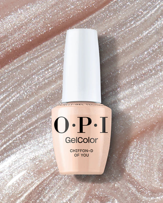 OPI Intelli GelColor Chiffon-D Of You gel nail polish in a soft, light beige shade, shown in a sleek bottle with a white cap.