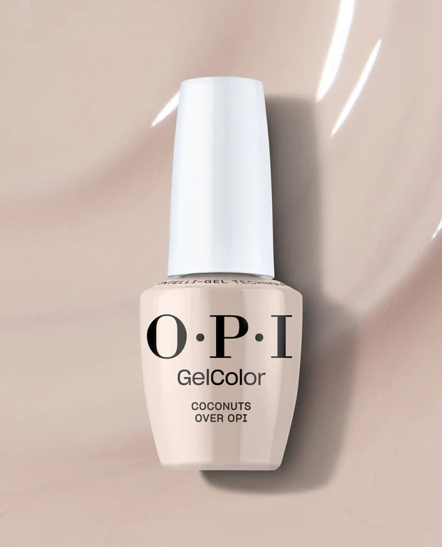 OPI Intelli GelColor Coconuts Over gel nail polish in a soft, neutral beige shade with a glossy finish.