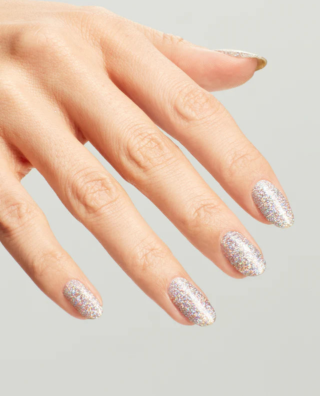 Opi Intelli GelColor Halo There! gel nail polish showing a close-up of a shiny, pastel pink manicure with a smooth finish.