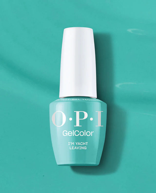 OPI Intelli GelColor gel nail polish in "I'm Yacht Leaving" shade, showcasing a glossy, vibrant blue gel nail finish.