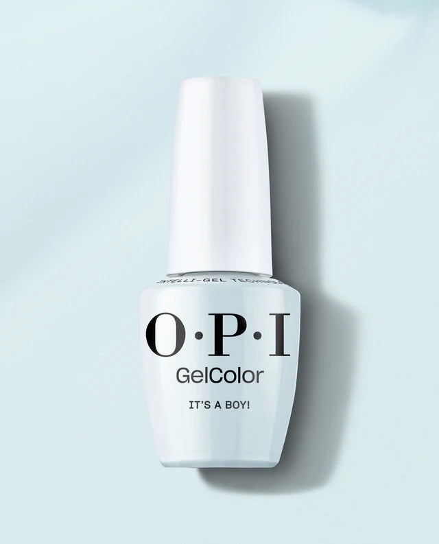 Opi Intelli GelColor It's A Boy GCT75 gel nail polish in a soft blue shade, displayed in a sleek bottle with a white cap.