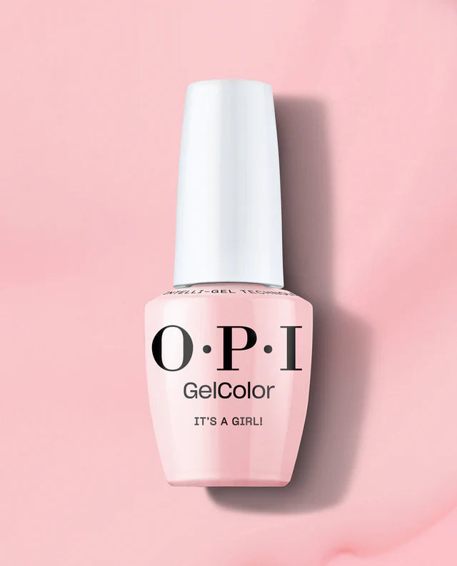 OPI Intelli GelColor It's A Girl gel nail polish in soft pink shade, displayed in a close-up photo showing the smooth, glossy finish.