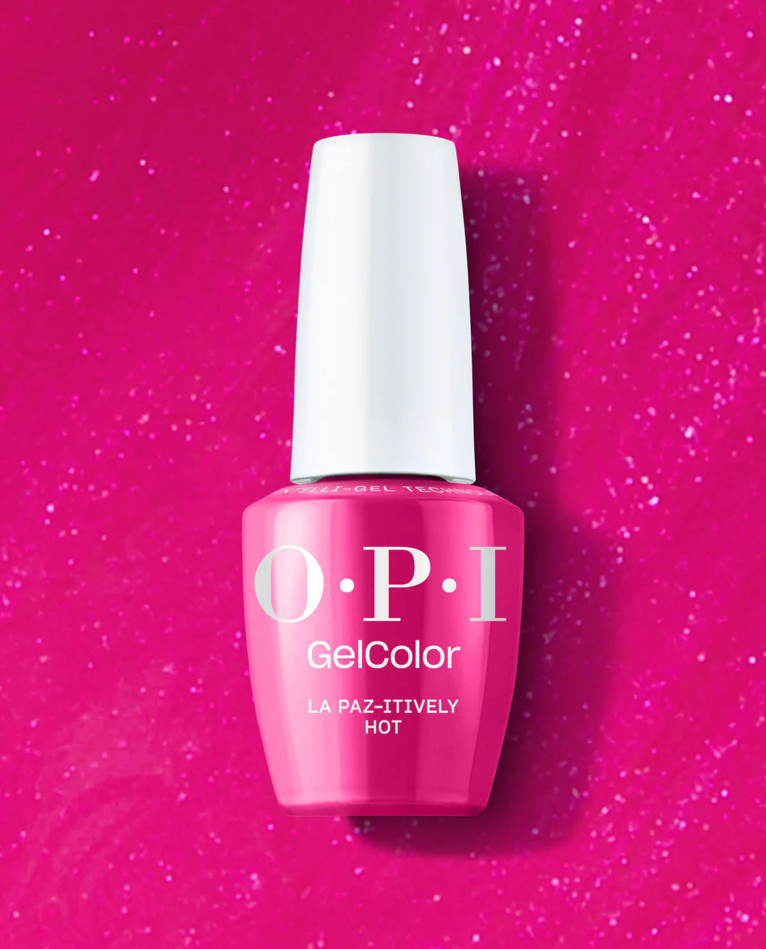 OPI Intelli GelColor La Paz-itively Hot gel nail polish bottle with vibrant coral shade, glossy finish, and brand logo visible.