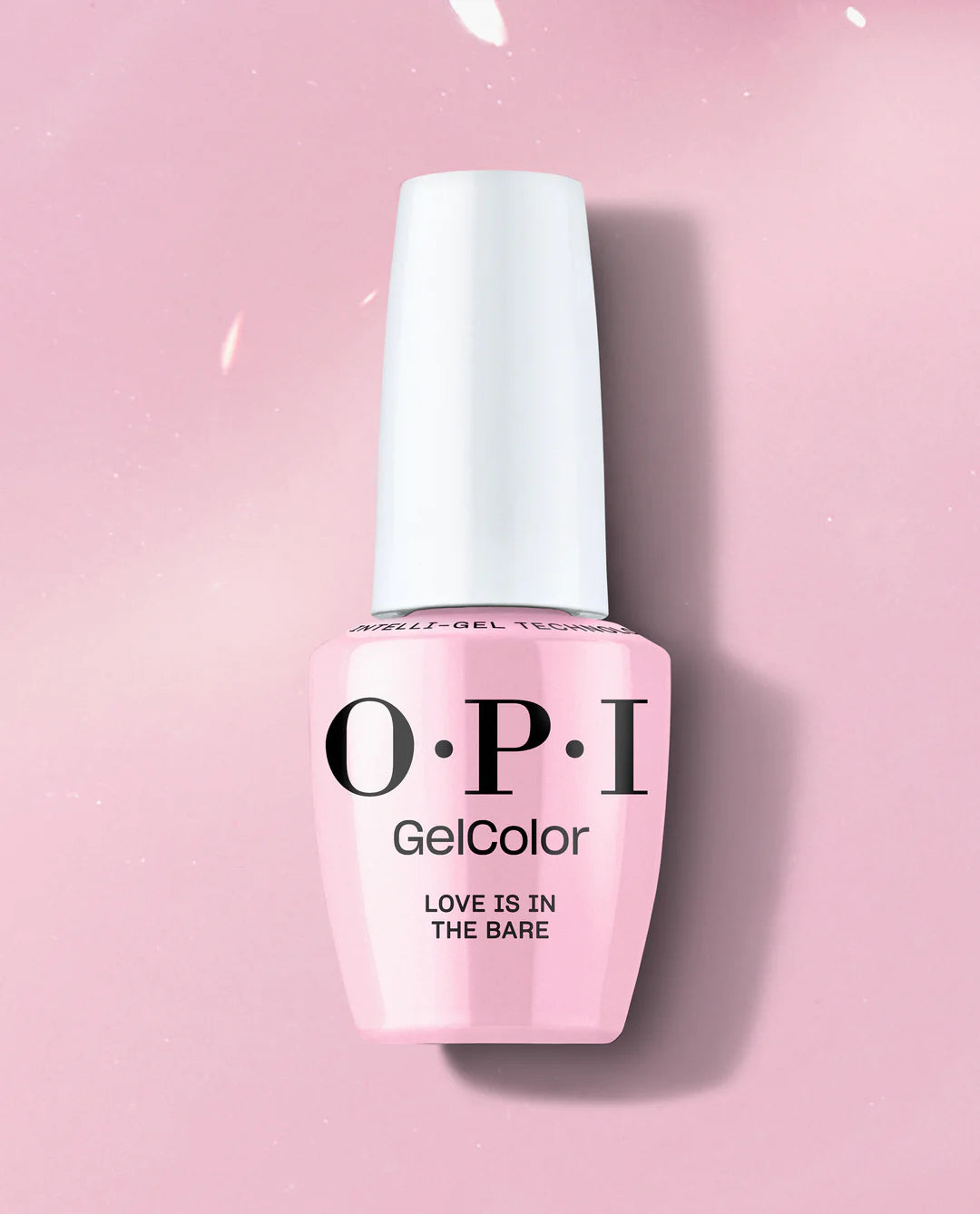 Opi Intelli GelColor Love Is In The Bare GCT69 gel nail polish in a nude shade, displayed in a sleek bottle with a white cap.