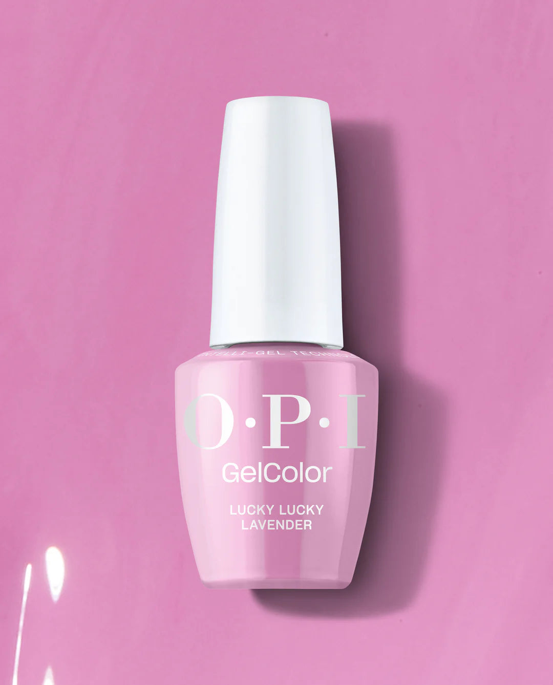 OPI Intelli GelColor Lucky Lucky Lavender gel nail polish bottle with lavender-colored polish inside.