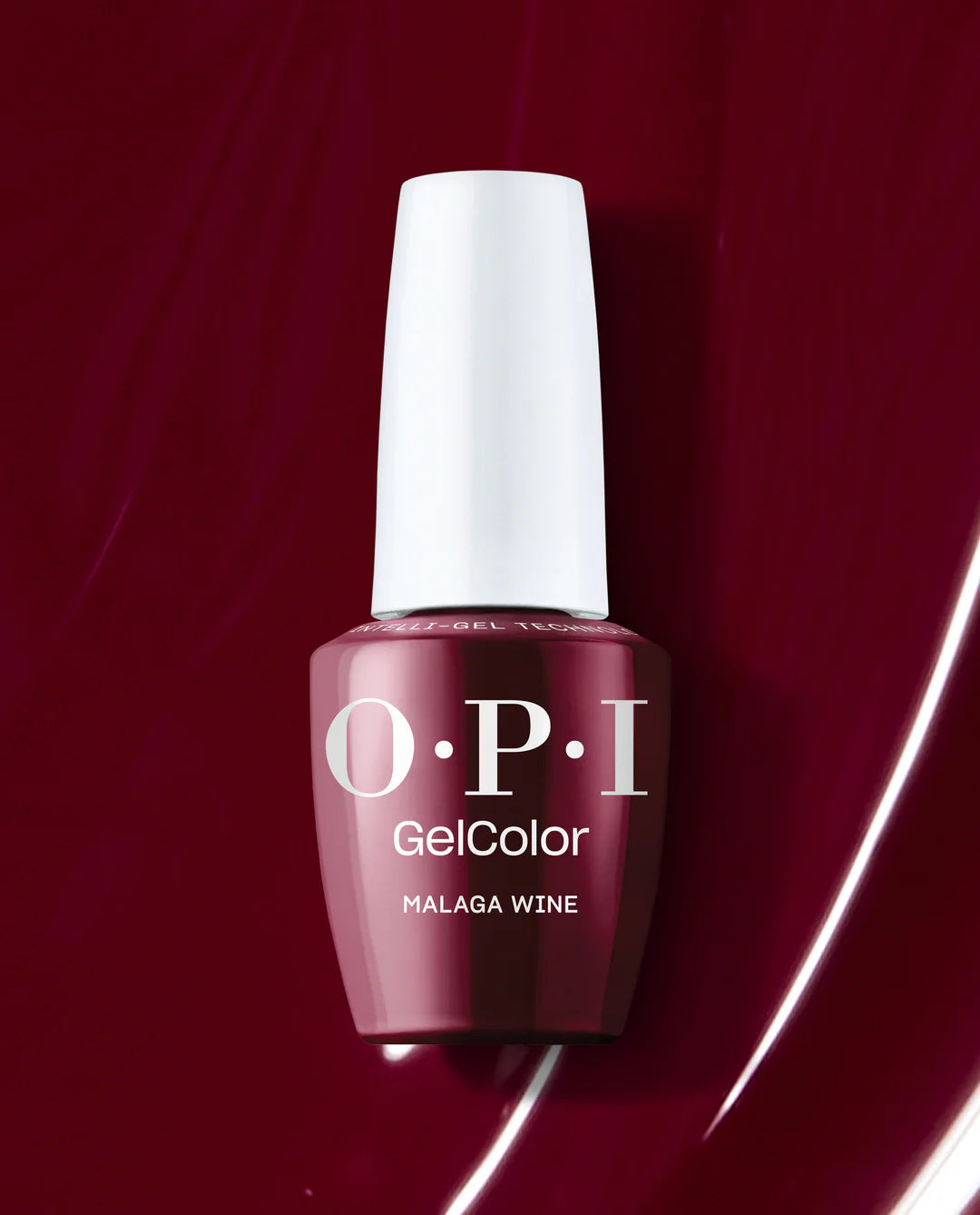 OPI Intelli GelColor Malaga Wine gel nail polish bottle with deep burgundy color, displayed against a neutral background