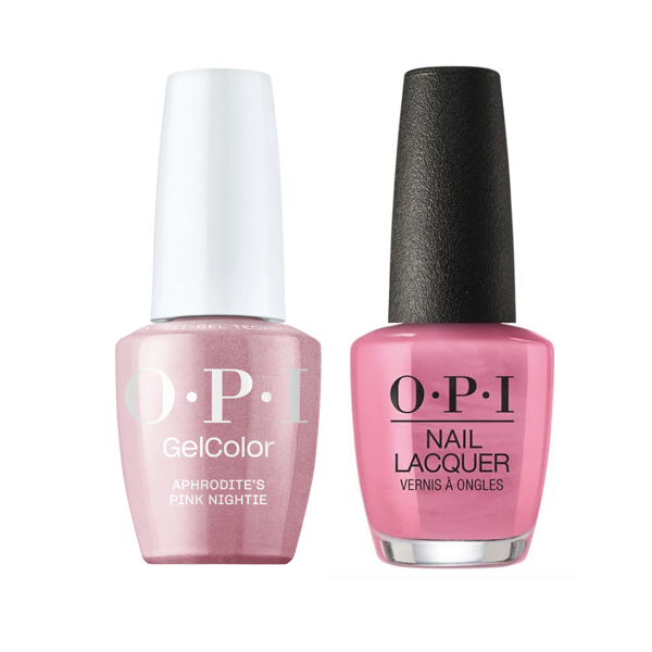 OPI Intelli-GelColor gel nail polish and matching lacquer in Aphrodite's Pink Nightie G01, showing glossy pink nail shades