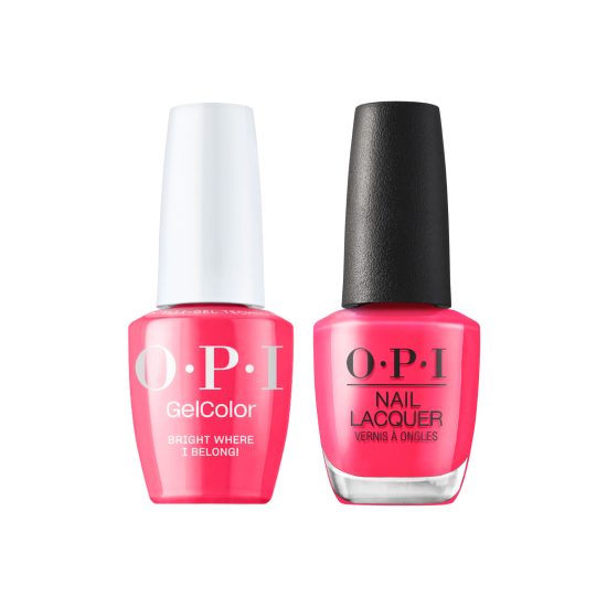 OPI Pro Health GelColor and matching lacquer duo in Bright Where I Belong with gel nail polish and regular nail lacquer.