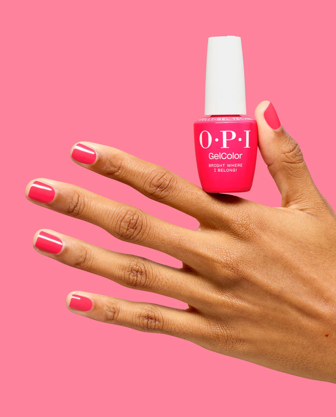 OPI ProHealth GelColor and matching lacquer in Bright Where I Belong, vibrant gel nail polish and nail lacquer application.