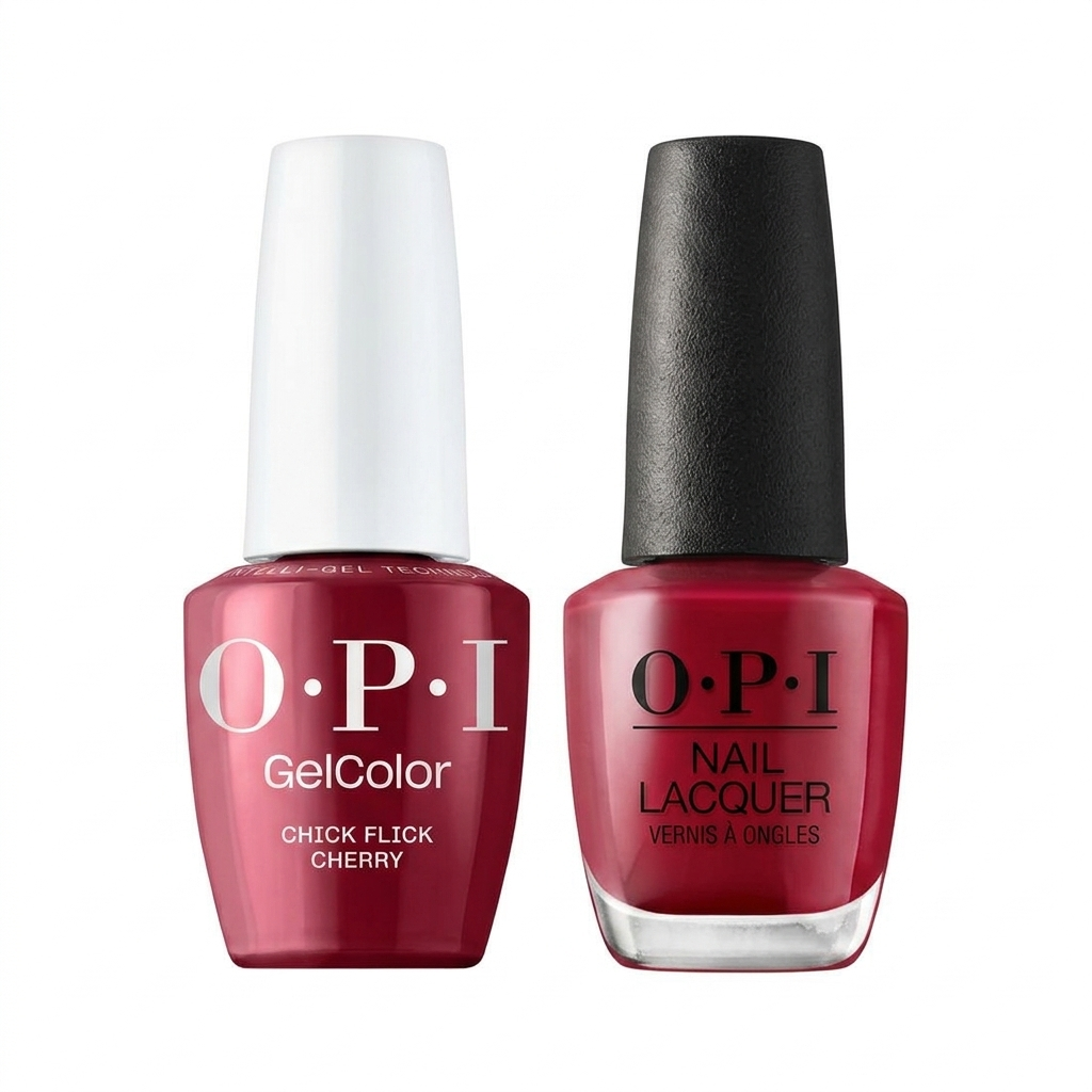OPI Pro Health GelColor and matching lacquer in Chick Flick Cherry GCH02, vibrant pink gel nail polish with coordinating lacquer.