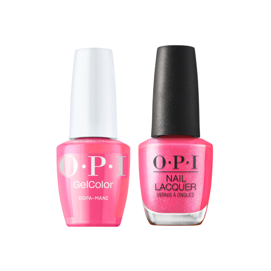 OPI ProHealth GelColor and matching lacquer duo with Dopa-mani GCS081, featuring vibrant gel nail polish and coordinating nail lacquer