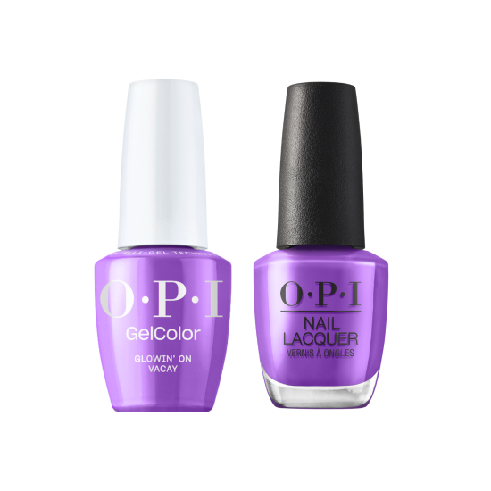 OPI Pro Health GelColor and matching lacquer duo in Glowing'on Vacay GCS073, featuring a gel nail polish and coordinating nail lacquer.