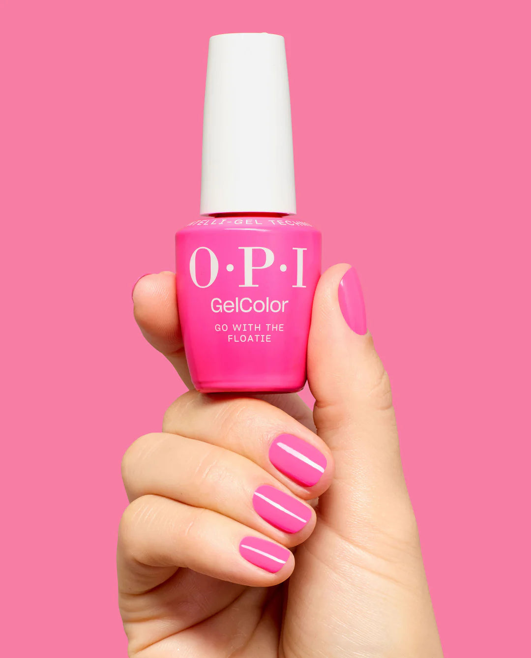 OPI Pro Health GelColor and matching lacquer in Go with the Floatie, displayed on a hand with the bottles visible.