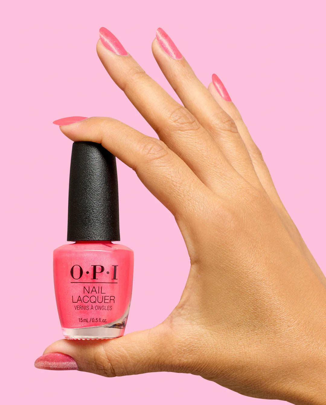 OPI Pro Health GelColor and matching lacquer in If U Like Pinka Coladas, showing bottle and manicured nails with pink nail polish
