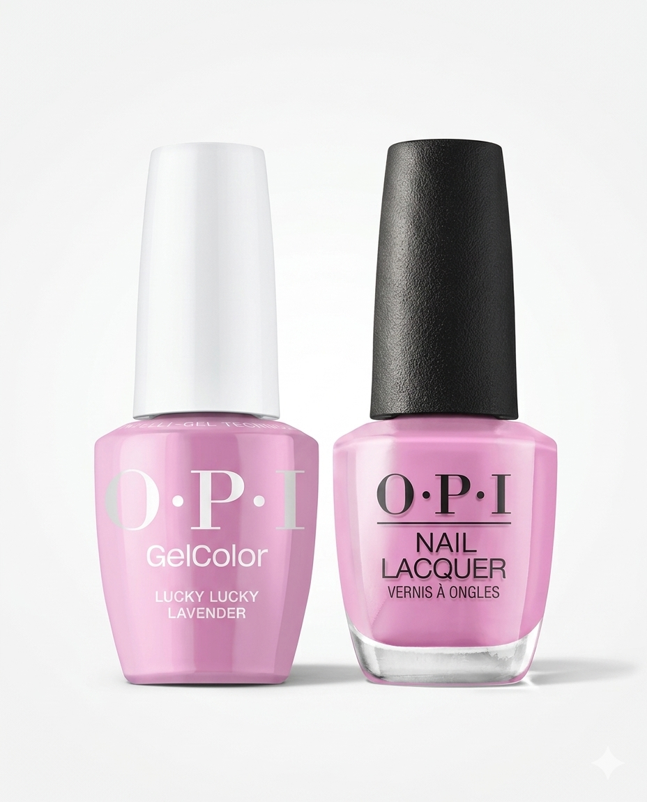 OPI Pro Health GelColor and matching lacquer in Lucky Lucky Lavender, vibrant gel nail polish and coordinating nail lacquer.