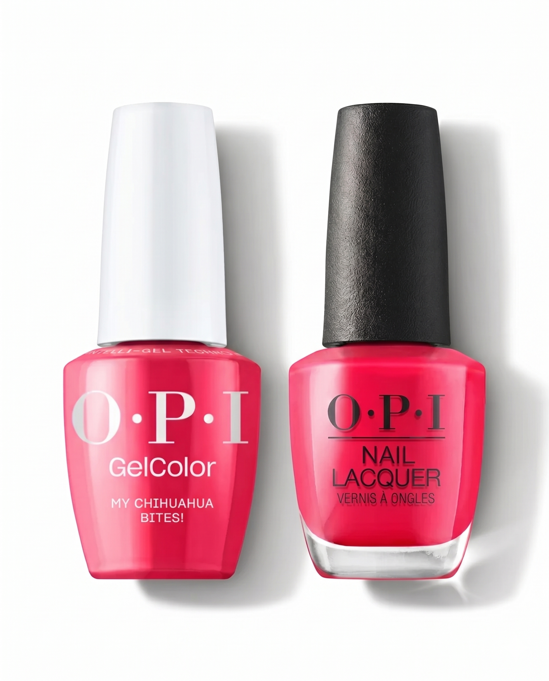 OPI Pro Health GelColor and matching lacquer in the shade My Chihuahua Bites! displayed with gel nail polish and nail lacquer bottles