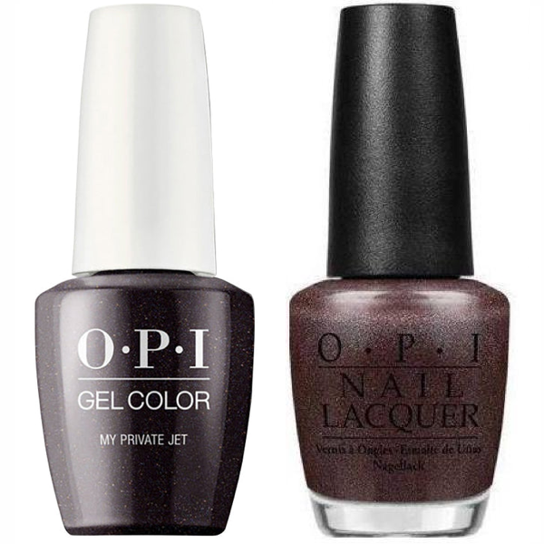 OPI Intelli-Gelcolor gel nail polish and matching lacquer in My Private Jet B59 with bottles and swatches.
