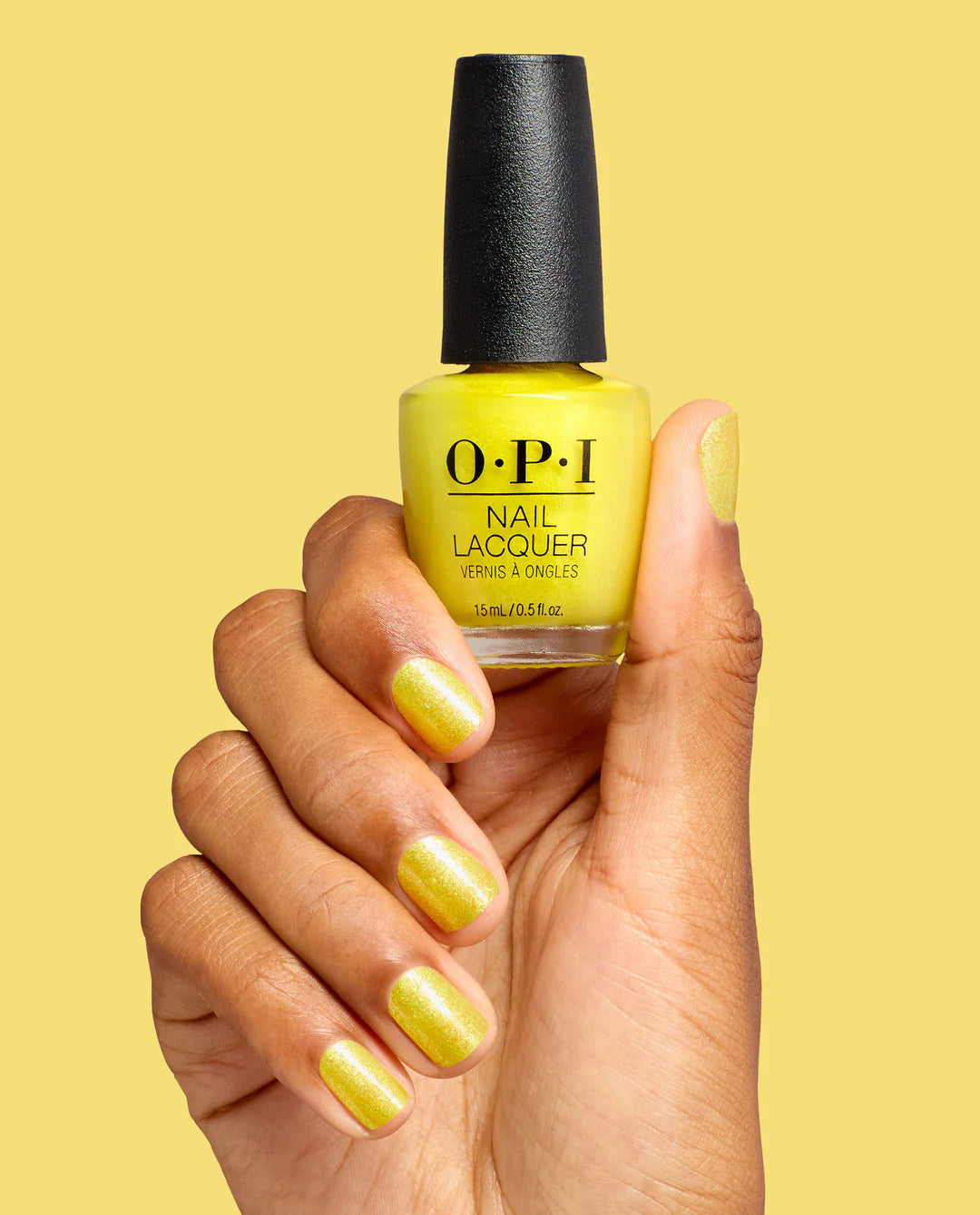 OPI Pro Health GelColor and matching lacquer in Paintin' on Sunshine! shown on nails and bottle for vibrant gel nail polish.