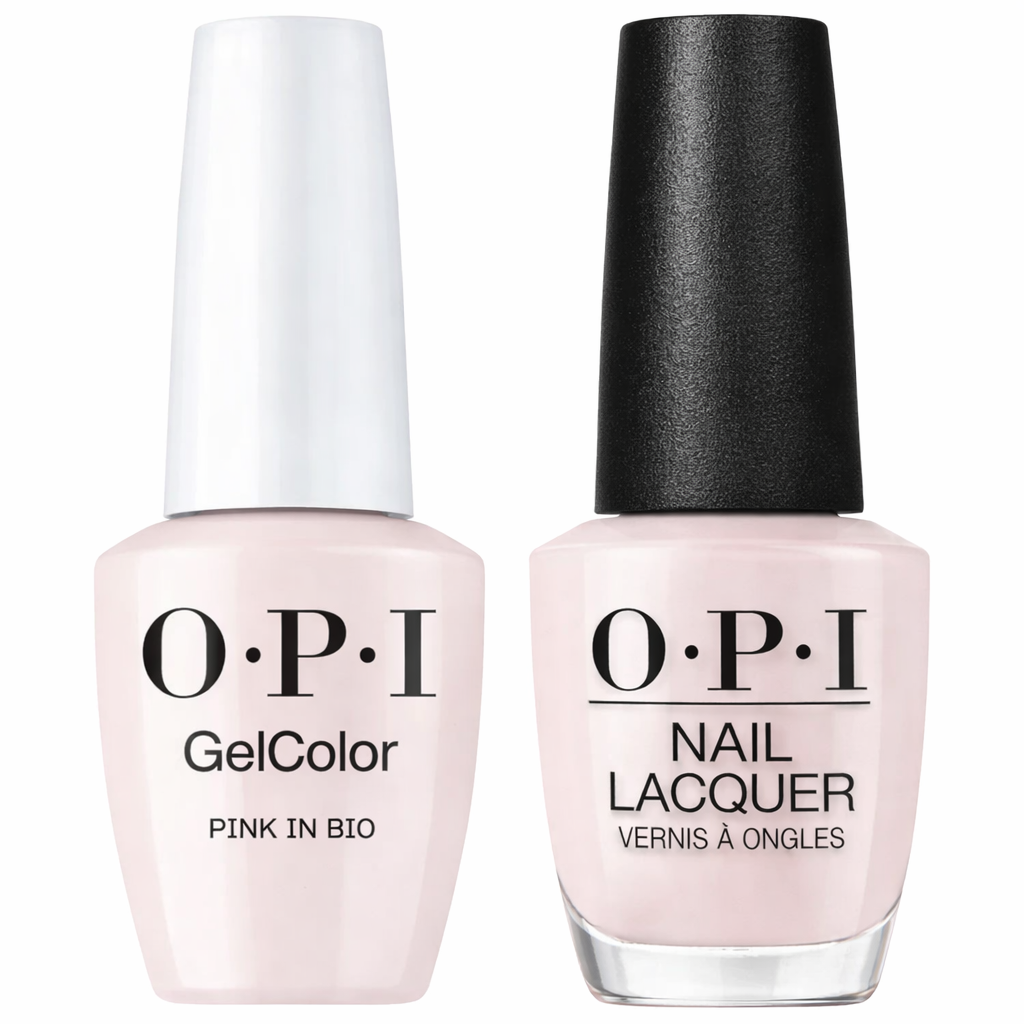 OPI Intelli-Gelcolor and matching pink lacquer in Bio #S001, gel nail polish and regular nail lacquer set, with pink nail color bottles