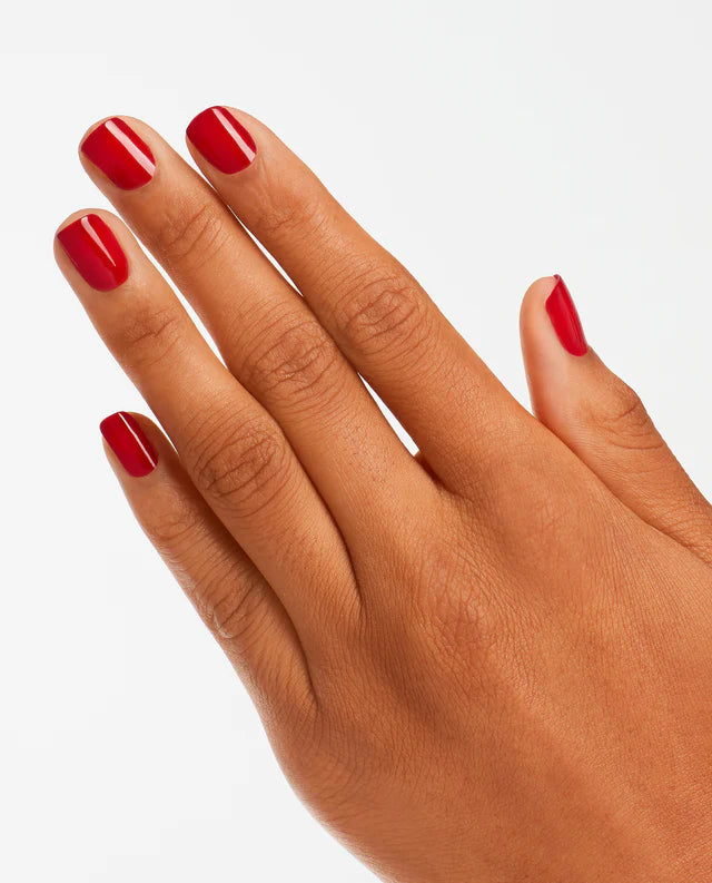 OPI Intelli GelColor Red Hot Rio gel nail polish bottle with vibrant red color and brand label visible.