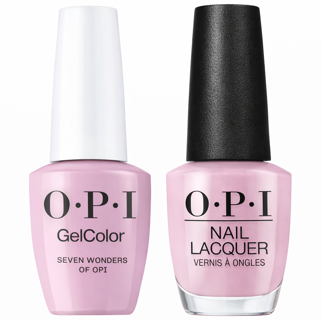 OPI Intelli-Gelcolor gel nail polish and matching lacquer in pastel pink and purple shades for a stylish manicure.