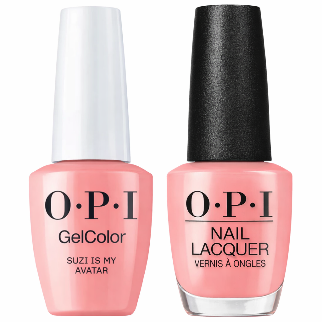 OPI Intelli-Gelcolor and matching lacquer in Suzi is My Avatar #D53, showing gel nail polish and lacquer bottles side by side.