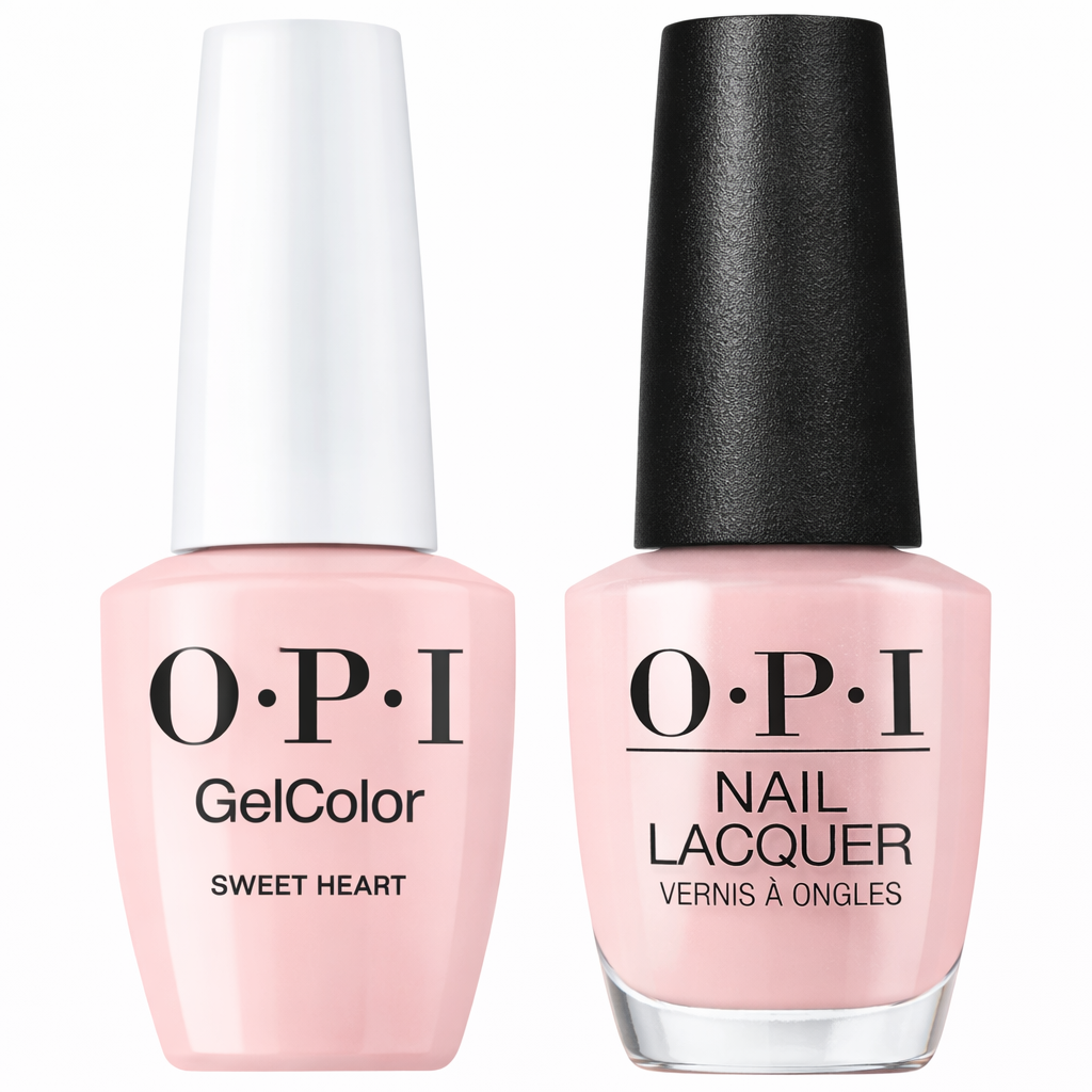 OPI Intelli-Gelcolor and matching Sweet Heart #S96 lacquer nail polish bottles, showcasing their vibrant pink shades and sleek packaging.