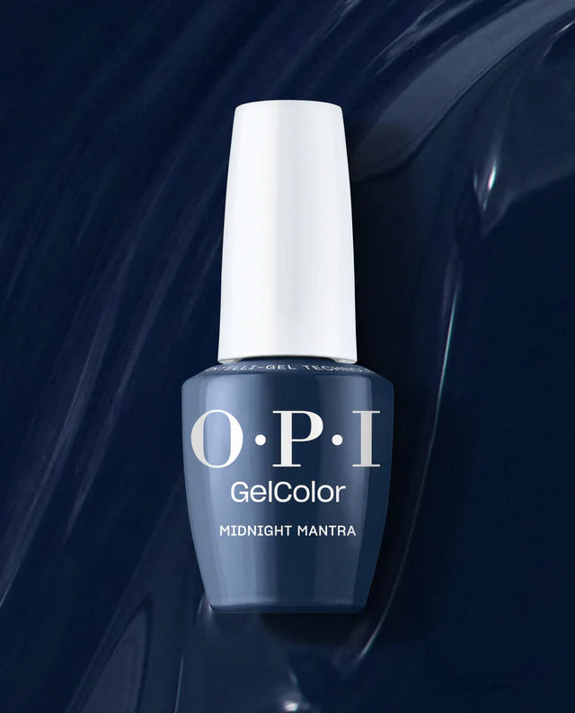 OPI Intelli GelColor Midnight Mantra gel nail polish in deep midnight blue shade with glossy finish.