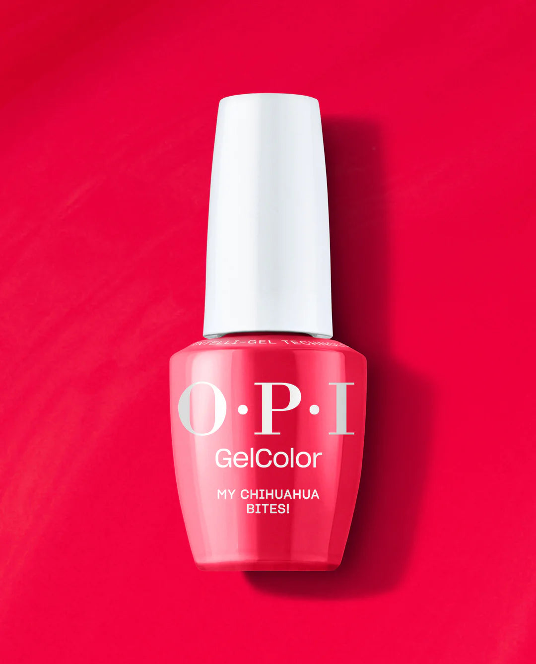 OPI Intelli GelColor My Chihuahua Bites gel nail polish in vibrant shade, shown in a sleek bottle with a black cap.