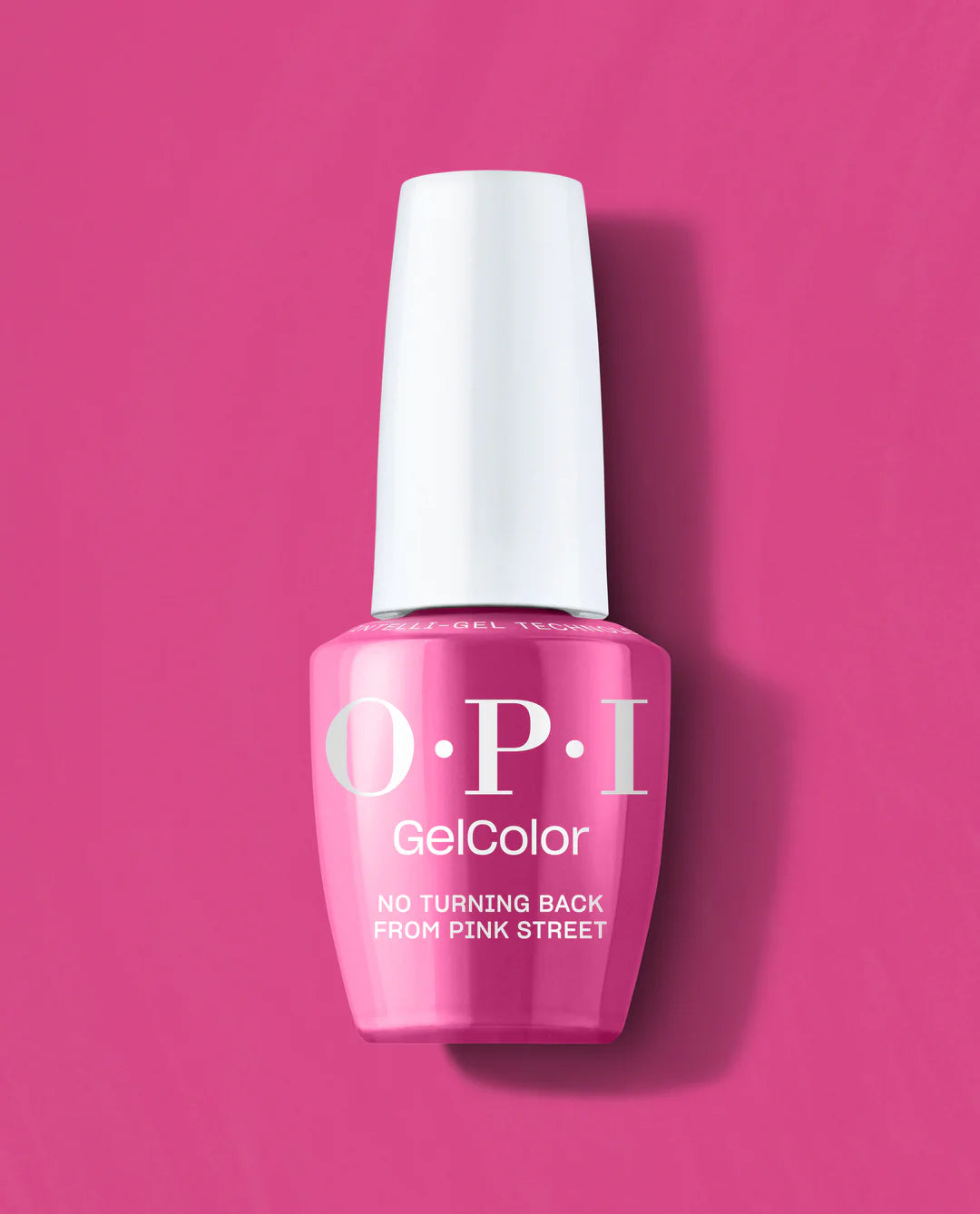 OPI Intelli GelColor No Turning Back from Pink Street gel nail polish bottle with pink shade and label visible.