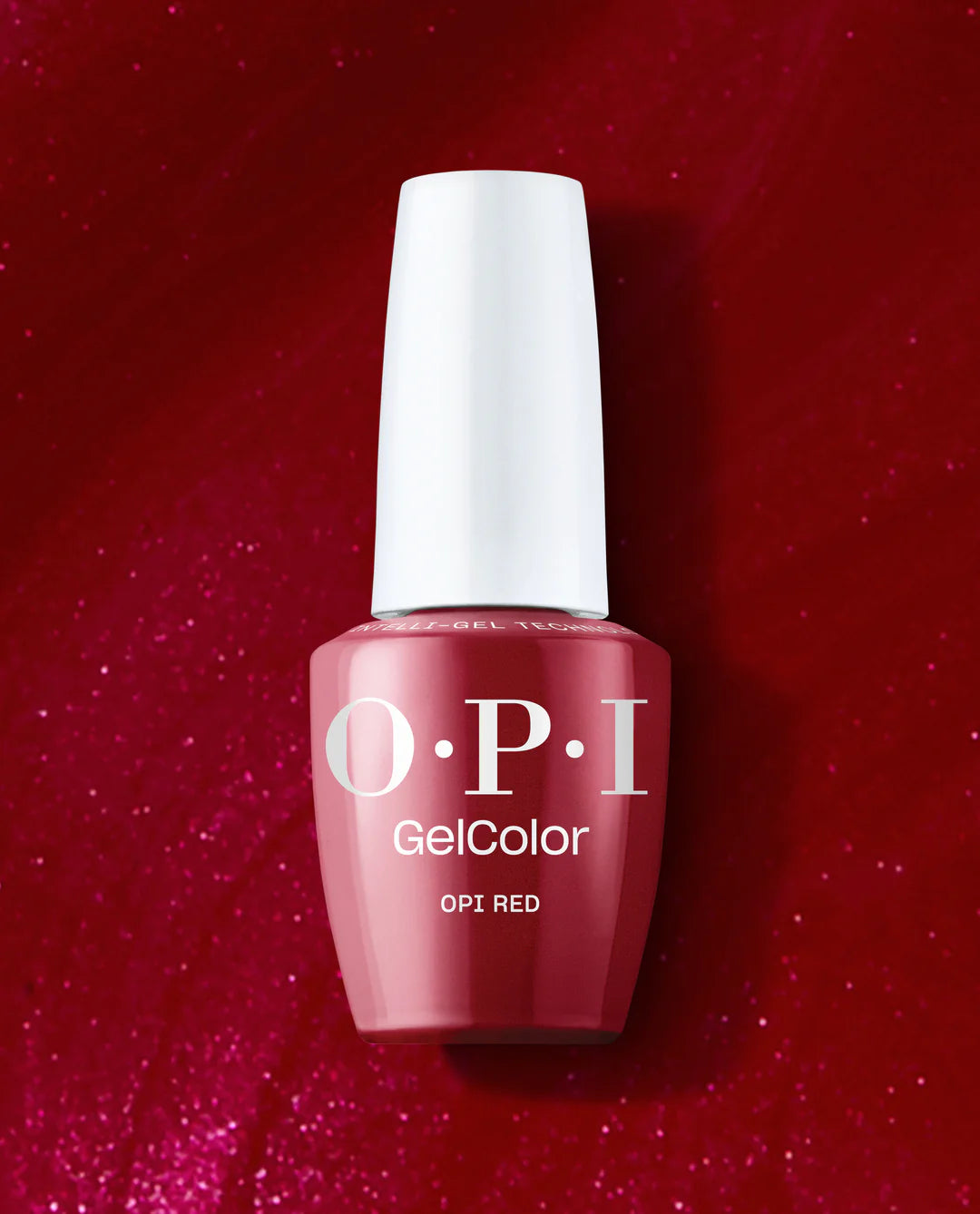 Opi Intelli GelColor Red GCL72 gel nail polish bottle with red cap and label, showcasing vibrant red gel nail polish color.