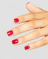 Opi Intelli GelColor Red gel nail polish bottle with a red nail manicure on natural nails, showcasing the vibrant color.