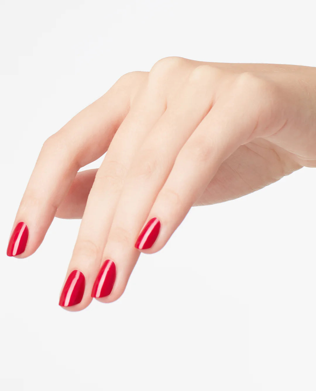 Opi Intelli GelColor red gel nail polish bottle with a finished red manicure on nails, showcasing vibrant, glossy color.