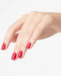 Opi Intelli GelColor red gel nail polish bottle with a finished red manicure on nails, showcasing vibrant, glossy color.