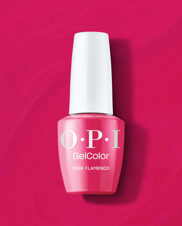 OPI Intelli GelColor Pink Flamenco gel nail polish bottle with pink-colored nail tips on a white background.